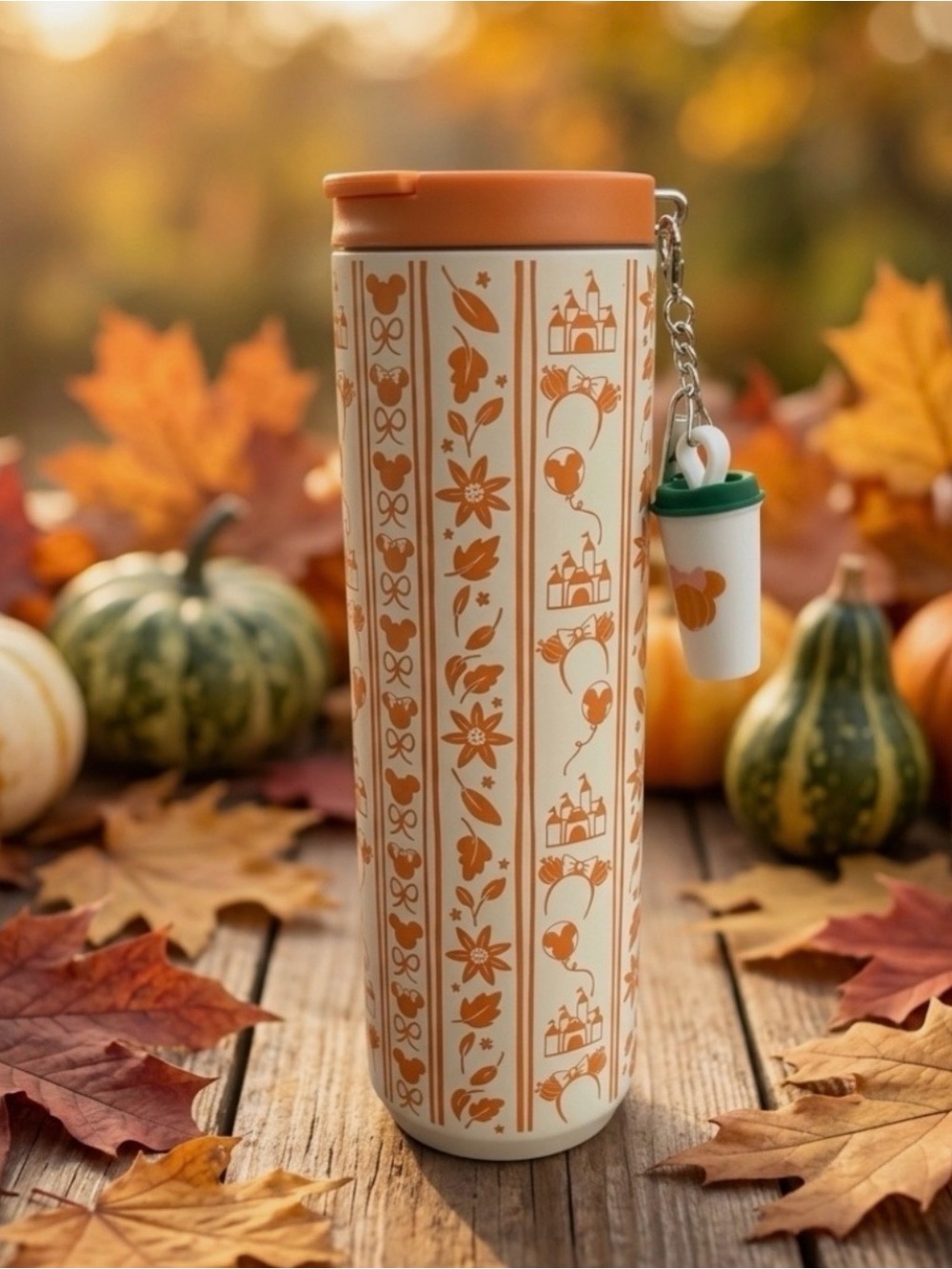 Disney Orange and White Pumpkin Pattern Travel Tumbler with Charm